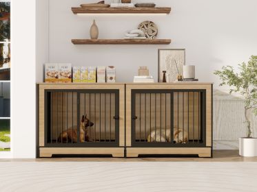 Dog Crate Furniture with Two Combined Room, XL Large Double Dog Cage Furniture with Tray for Medium Large Dogs, Wooden Dog Kennel Furniture